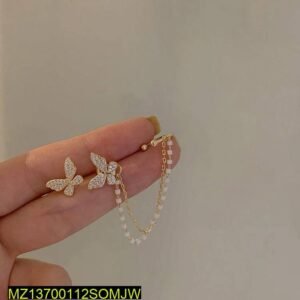 Beautiful Single Ear Butterfly Metal Chain Tassel Stud Earrings